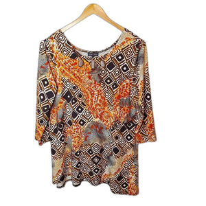 Max &‎ Rina Womens Sz XL Stretch Knit Top Wooden Beads Mixed Print Asymmetrical